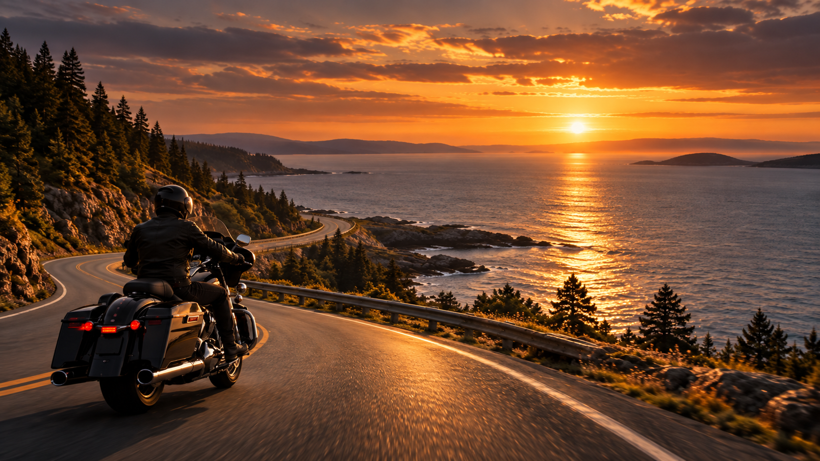 Motorradfahrer auf einer Küstenstraße bei Sonnenuntergang mit Blick auf das Meer