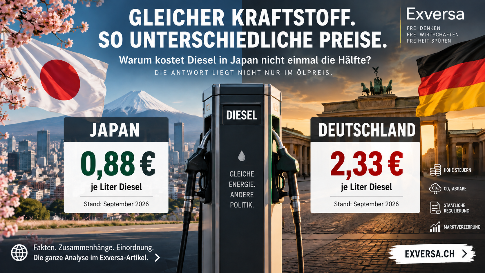 Dieselpreise in Japan und Deutschland im Vergleich – Japan 0,88 Euro, Deutschland 2,33 Euro je Liter