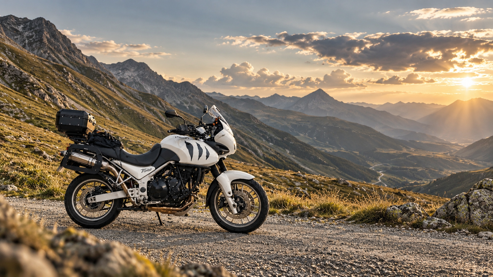 Motorrad am Albulapass oberhalb der Baumgrenze mit weitem Blick über die Berglandschaft