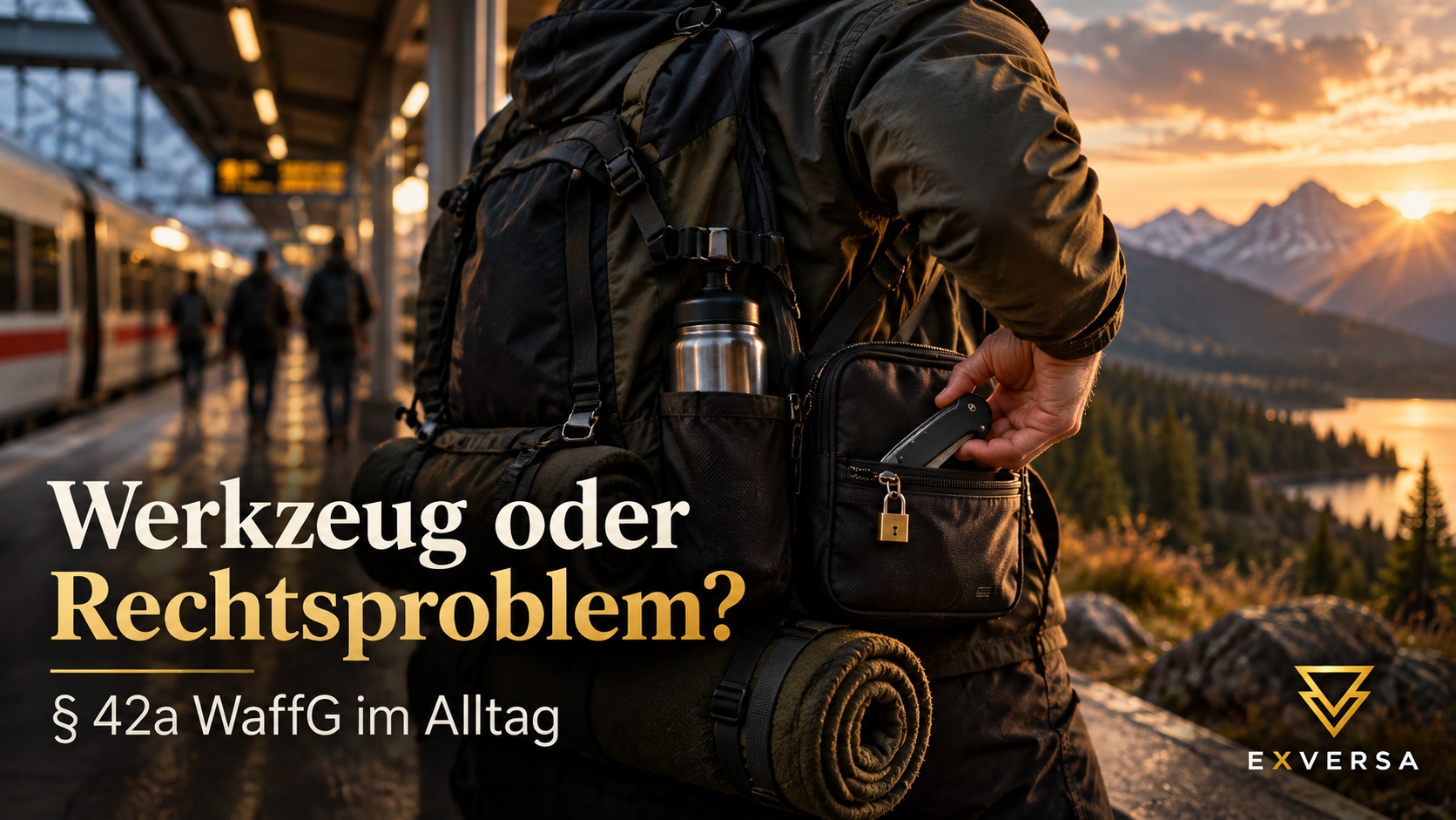 Geschlossenes Taschenmesser neben verschlossener EDC-Tasche als Symbol für Messertransport nach § 42a WaffG.