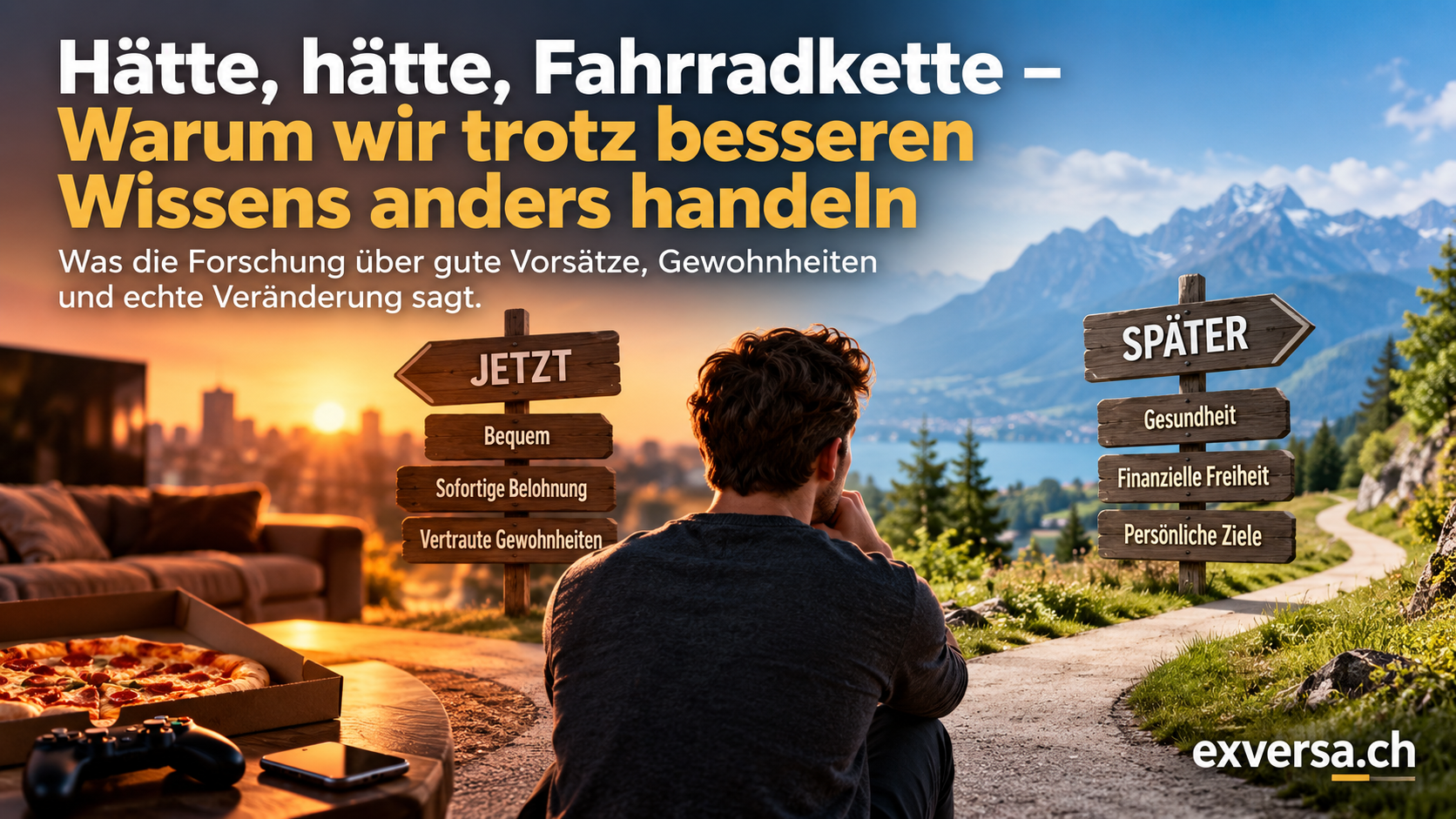 Person zwischen unmittelbarer Bequemlichkeit und langfristigen Zielen als Symbol für Entscheidungen gegen besseres Wissen.