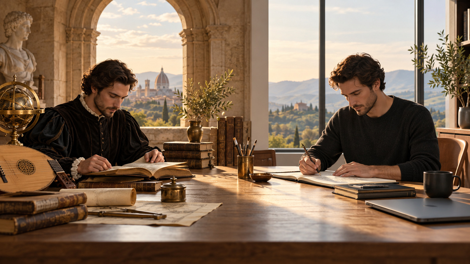 Renaissancegelehrter und heutiger Mensch zwischen Büchern, Bewegung, Kunst und stiller Betrachtung