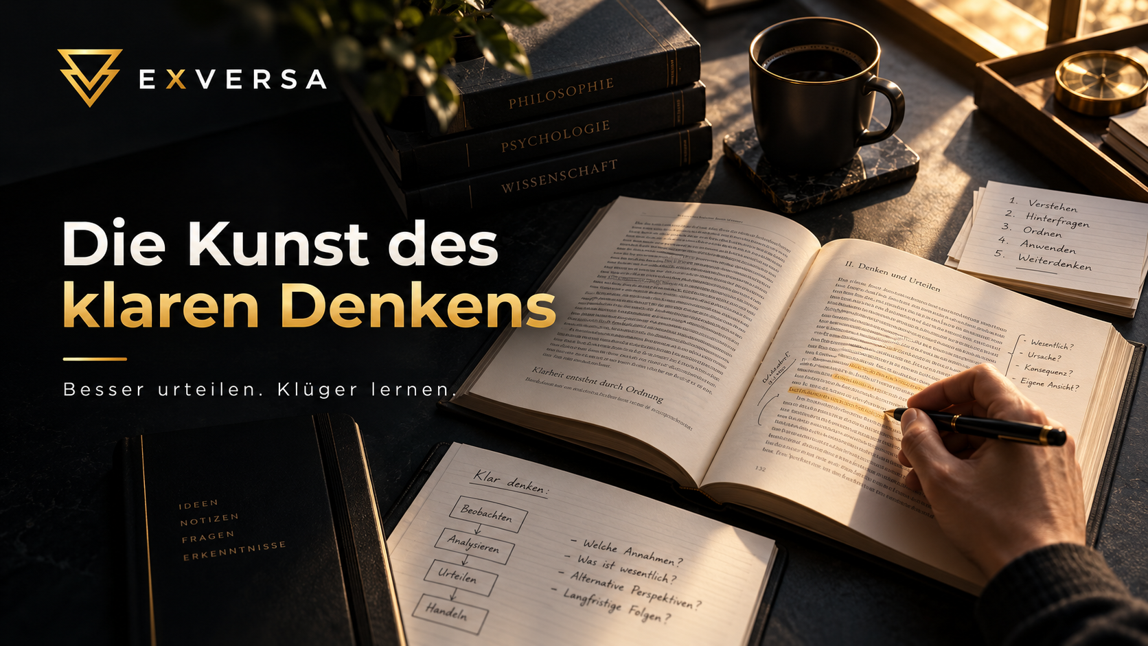 Aufgeschlagenes Fachbuch mit handschriftlichen Notizen und Übungen zum klaren Denken und selbstständigen Lernen.