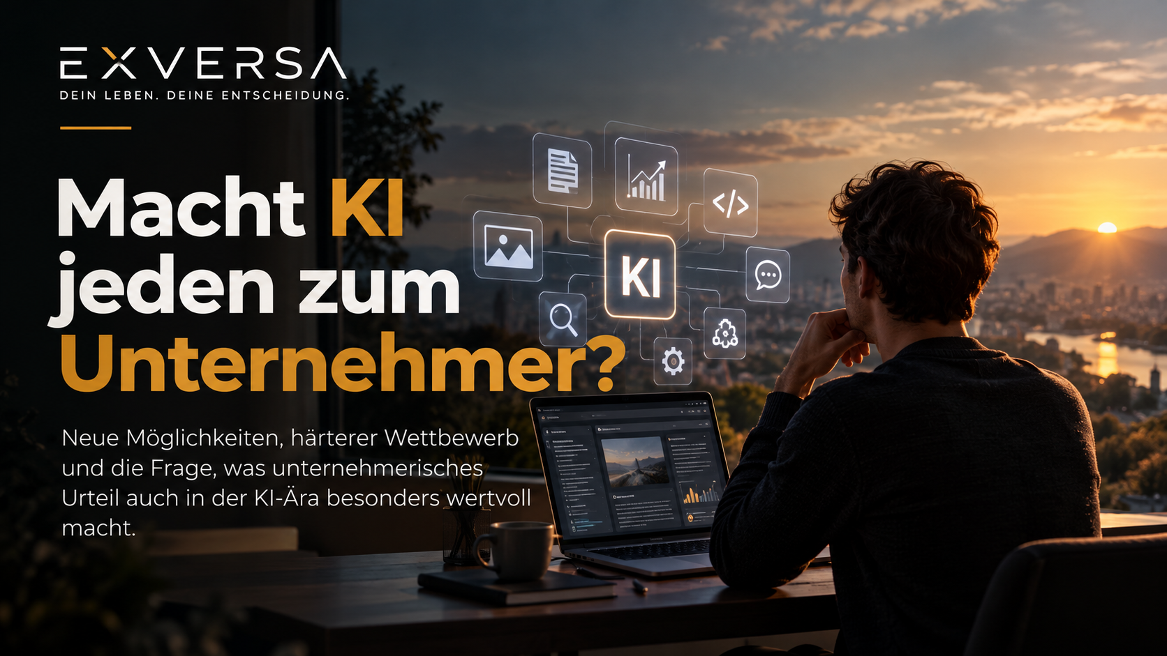 Person arbeitet am Laptop mit KI-Anwendungen – künstliche Intelligenz als Werkzeug für selbstständige Unternehmer.